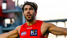 Not to be outdone, Suns gun Christian Petracca celebrates a goal.