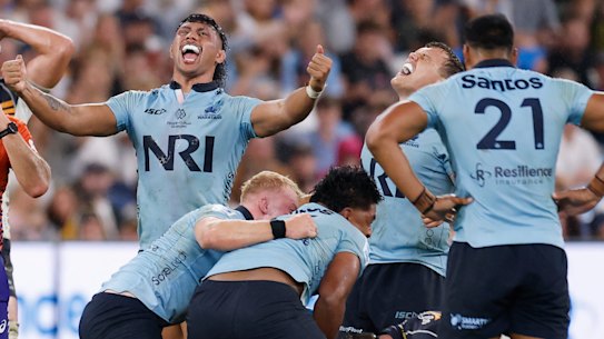 Waratahs celebrate after snapping their 13 game losing streak against the Brumbies 