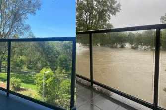 Flooding in Petrie, north of Brisbane, compared to the same spot earlier in the week.
