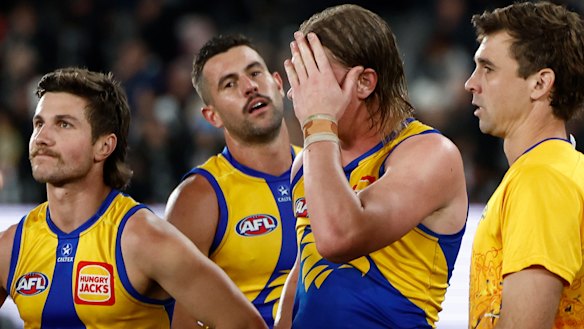 Liam Baker, Jack Graham, Harley Reid and Jamie Cripps after their recent loss to Collingwood.