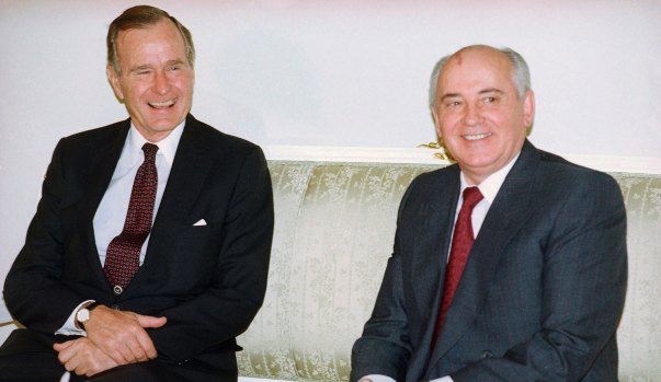 An October 29, 1991 photo US President George H. W. Bush with Soviet President Mikhail Gorbachev after meeting in Madrid, Spain. Gorbachev expressed his "deep condolences" to all Americans following Bush's death.