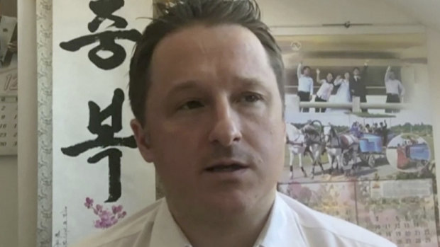 Michael Spavor, director of Paektu Cultural Exchange, talks during a Skype interview in Yangi, China, last year.