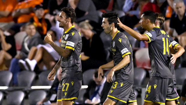 Matt Derbyshire celebrates his goal during Macarthur’s 2-0 win over Brisbane.