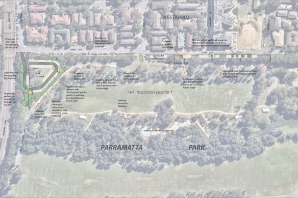 Map of Parramatta Park, which shows the proposed clearing of trees for car parking.