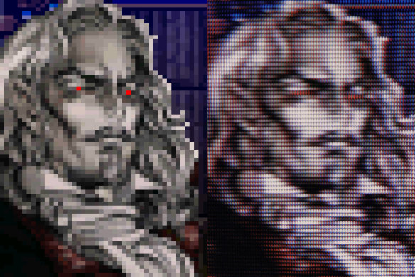 Dracula as seen in 1997’s Castlevania: Symphony of the Night. Compare the original CRT version, on the right, with what is seen when it is displayed as plain square pixels on a digital TV (left).