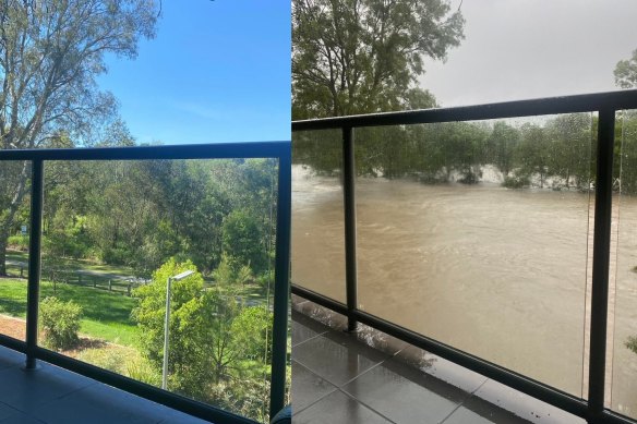 Flooding in Petrie, north of Brisbane, compared to the same spot earlier in the week.