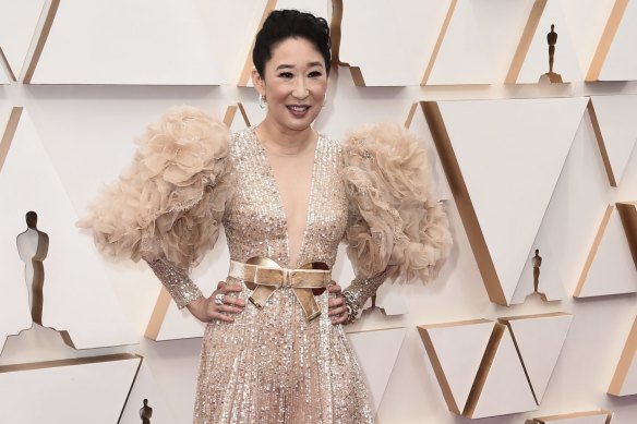 Sandra Oh arrives at the Oscars on Sunday, Feb. 9, 2020, at the Dolby Theatre in Los Angeles. (Photo by Jordan Strauss/Invision/AP)