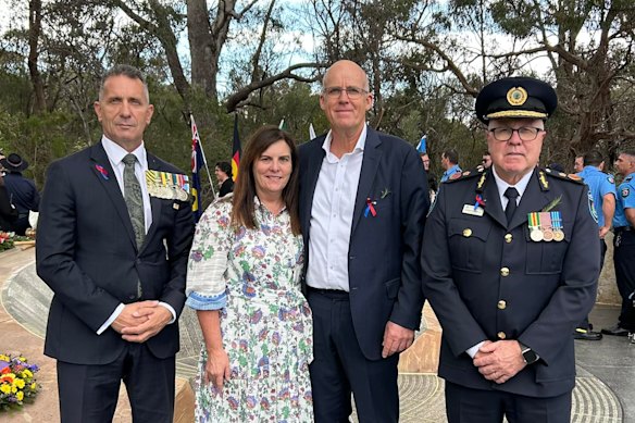 (From left) WA Emergency Services Minister Paul Papalia, parents of late firefighter Harry Stead, Sue and Simon, and Fire and Emergency Services Commissioner Darren Klemm AFSM at the Kings Park memorial service.