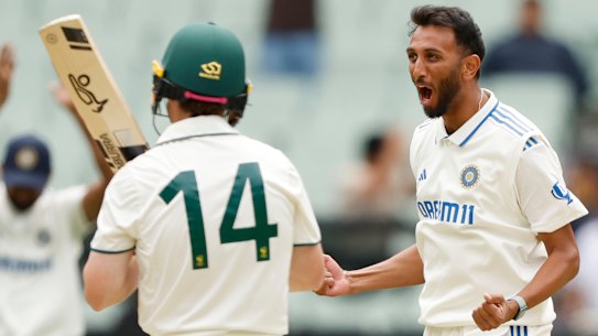 India A’s Prasidh Krishna celebrates the wicket of Marcus Harris at the MCG.