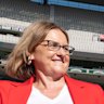 Premier Jacinta Allan with LA Rams mascot Rampage at the MCG in February.