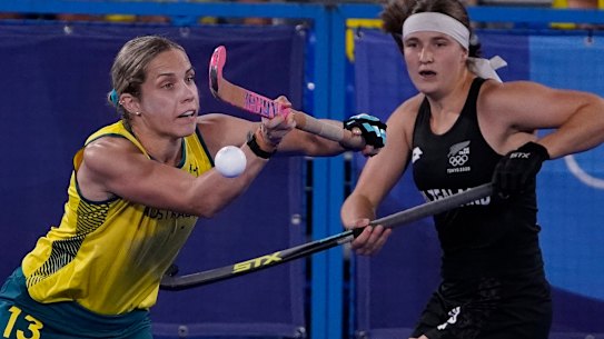 Australia’s Edwina Bone knocks the ball out of the air against New Zealand on Thursday.