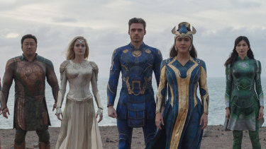 Eternals (from left) Gilgamesh (Don Lee), Thena (Angelina Jolie), Ikaris (Richard Madden), Ajak (Salma Hayek) and Sersi (Gemma Chan).