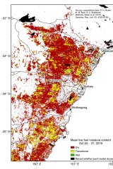 Satellite maps show most the live plant moisture levels around Sydney are the driest in almost two decades.