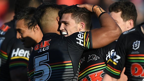Nathan Cleary scored four tries in a club-record haul over the Knights.