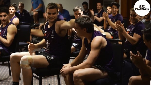 Fremantle Docker Caleb Serong after being told he was the AFLPA best first-year player.