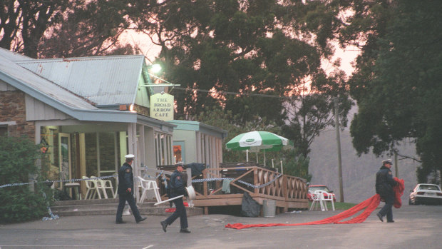 Police outside Broad Arrow Cafe in Port Arthur.