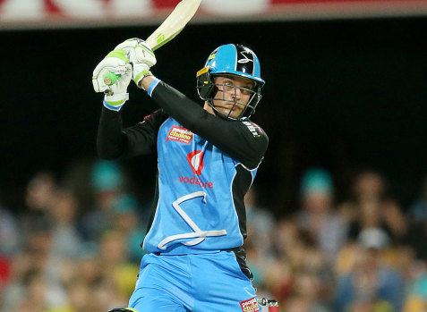 Top scorer: Adelaide Strikers' Alex Carey takes to the Brisbane Heat attack on Wednesday night.