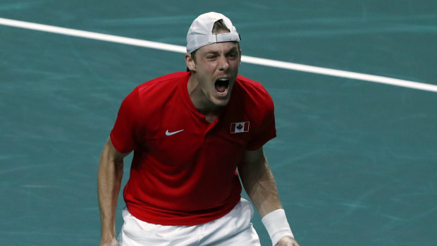 Canada’s Denis Shapovalov celebrates after defeating Thanasi Kokkinakis.