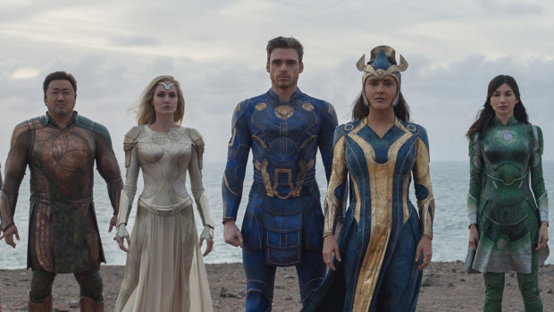 Eternals (from left) Gilgamesh (Don Lee), Thena (Angelina Jolie), Ikaris (Richard Madden), Ajak (Salma Hayek) and Sersi (Gemma Chan).