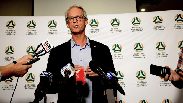 Explaining a mess: David Gallop addresses the media in Sydney after meeting Matildas players to discuss Alen Stajcic's suddenly sacking.
