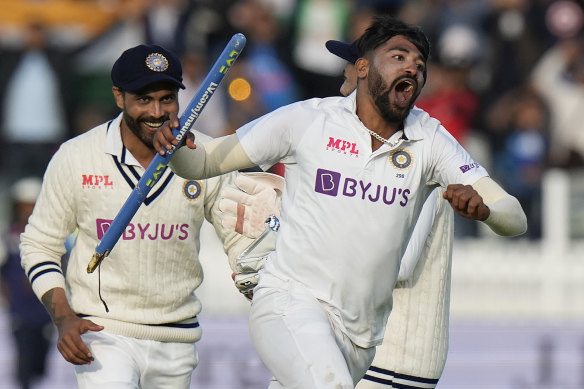 Mohammed Siraj, who bagged four wickets, celebrates after India’s win in the second Test against England at Lord’s.