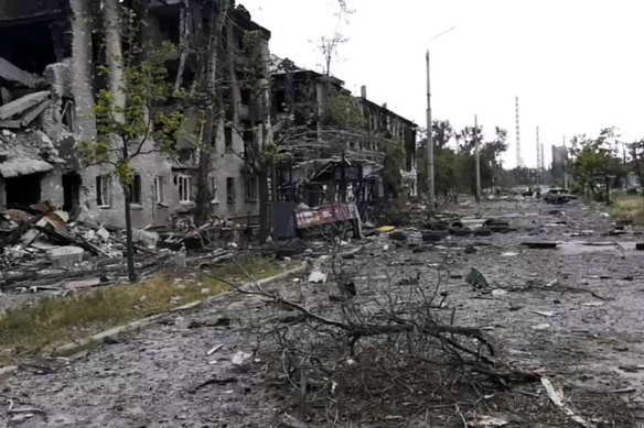 Damaged residential buildings in Lysychansk, Luhansk region, Ukraine, on Sunday.