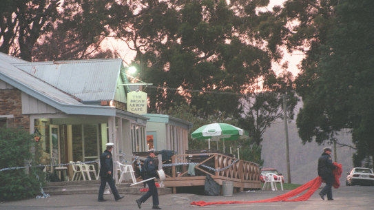 Police outside Broad Arrow Cafe in Port Arthur.