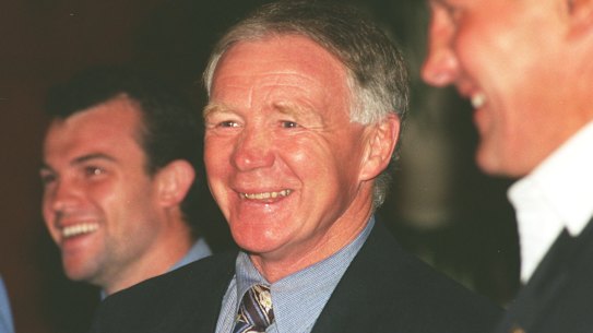All smiles ... Bob Fulton shares a laugh before the 1996 Grand Final. 