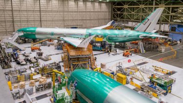 Boeing's first 777X-9, under construction in its factory in  Everett, Washington. The aircraft will take to the air for the first time in 2019. 