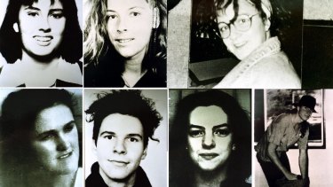 Milat's victims, pictured clockwise from top-left: Deborah Everest of Australia, Anja Habschied of Germany, Simone Schmidl of Germany, James Gibson of Australia, Caroline Clarke of Britain, Gabor Neugebauer of Germany and Joanne Walters of Britain.
