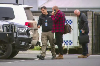 Missing persons squad detectives Andrew Stamper and Brett Florence outside Sale Police Station on Thursday.