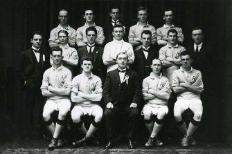 The Australian soccer team which toured New Zealand in 1922. Wollongong player Dave Ward front left, rest of team unidentified.