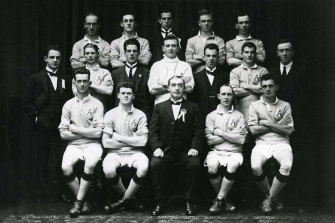 The Australian soccer team which toured New Zealand in 1922.  Wollongong player Dave Ward front left, rest of team unidentified.