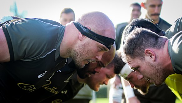 Hoskins packs a scrum at Wallabies training. 