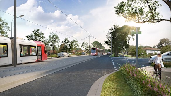 Uma seção planejada da linha de metrô leve ao longo da Boronia Street, no subúrbio ribeirinho de Ermington, em Sydney. 