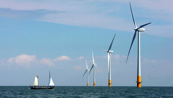A wind farm off the coast of Whitstable on the north Kent coast in England.