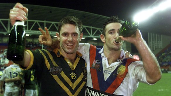 Winners are grinners: Brad Fittler and Andrew Johns celebrate winning the 2001 Ashes at Wigan.