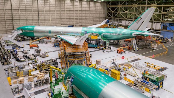 Boeing's first 777X-9, under construction in its factory in  Everett, Washington. The aircraft will take to the air for the first time in 2019. 