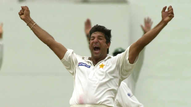 Wasim Akram celebrates a wicket.