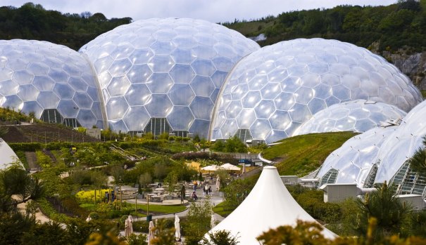 Three biomes of the Eden Project, the largest greenhouses in the world.