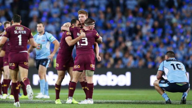 Josh McGuire sledges Andrew Fifita after full-time of game two in the 2017 State of Origin series.