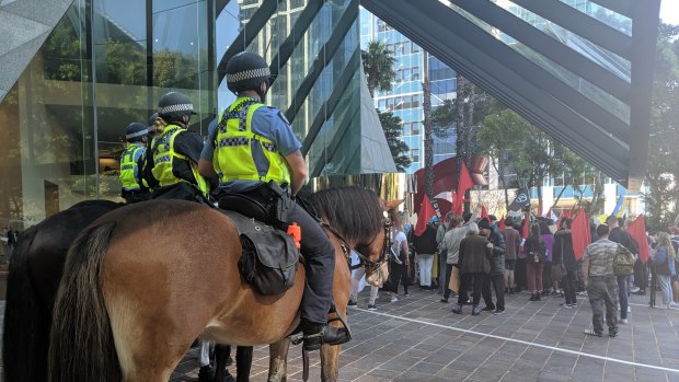 Protesters met with a very heavy police presence - officers on foot, bikes and horses, and the Regional Operations Group. 