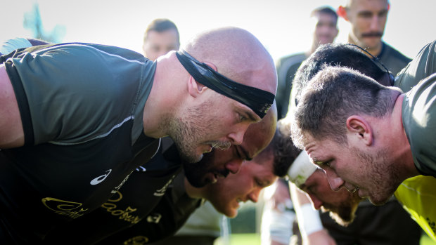 Hoskins packs a scrum at Wallabies training. 