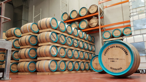 Barrels in Chief’s Son distillery.