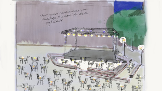 A sketch by Zoe Atkinson  of the new planned outdoor stage at Malthouse Theatre.