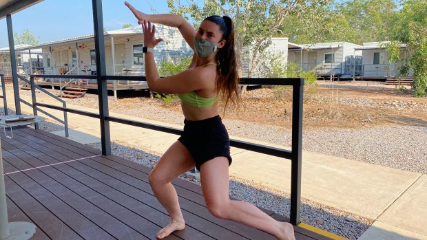 Kassidy Waters of Bangarra Dance Theatre exercising during 14 days of quarantine at Howard Springs.  