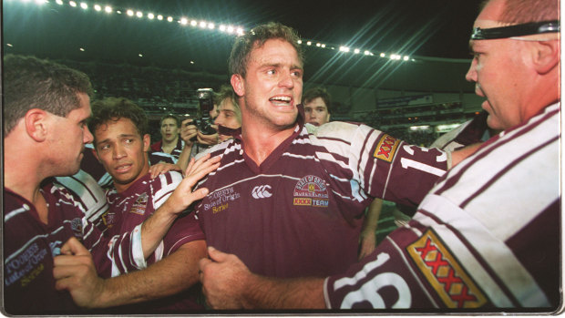 Upset: Billy Moore celebrates with his Queensland side after game I in 1995.