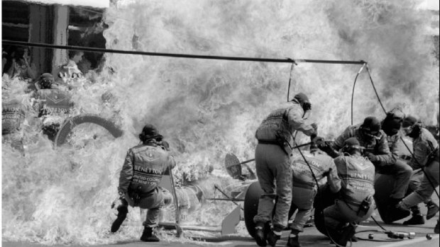 Jos Verstappen's car goes up in flames during a pit stop in 1994.