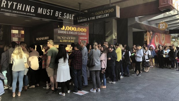 The crowd waiting to pick up a bargain at Rosendorff Diamond Jewellers in Perth.