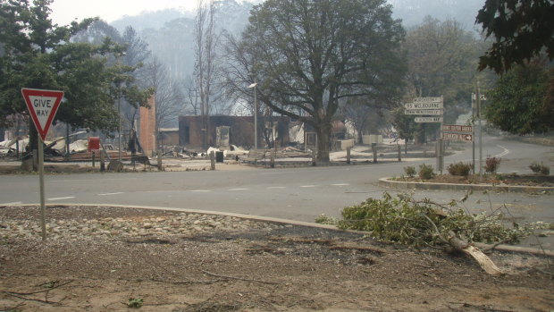 The post office area across the road from Marysville police station in the aftermath of Black Saturday.